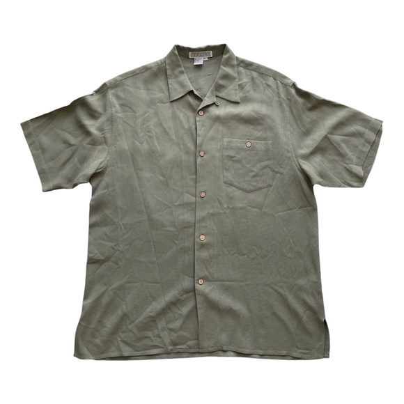 Tulio 100% Silk Olive Green Vintage Y2K button down shirt Men's size large - Picture 7 of 13